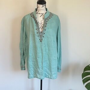 Light Teal Embroidered V-Neck Linen Tunic